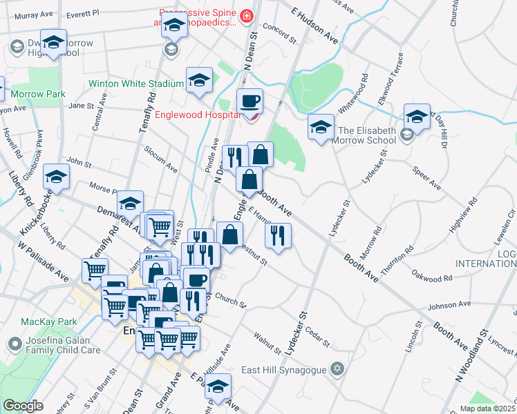 map of restaurants, bars, coffee shops, grocery stores, and more near 72 Booth Avenue in Englewood