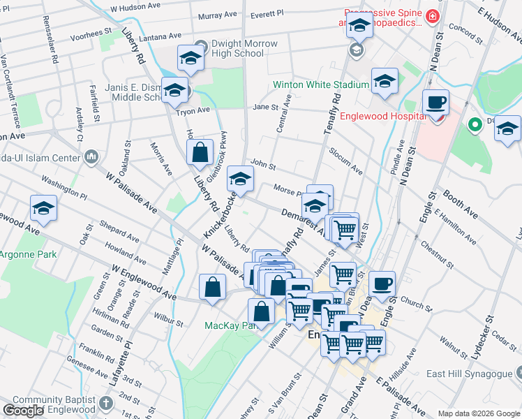map of restaurants, bars, coffee shops, grocery stores, and more near 178 West Demarest Avenue in Englewood