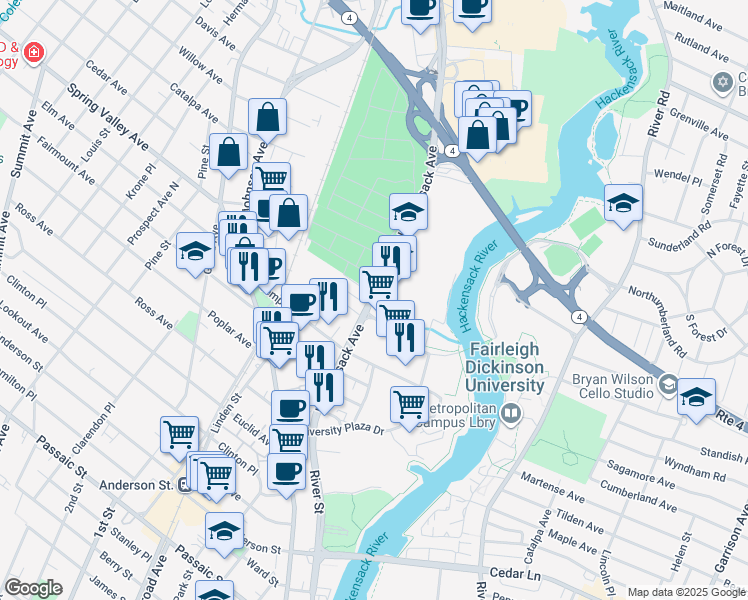 map of restaurants, bars, coffee shops, grocery stores, and more near 180 Hackensack Avenue in Hackensack