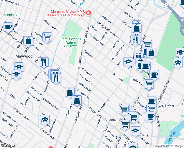 map of restaurants, bars, coffee shops, grocery stores, and more near 304 Clinton Place in Hackensack