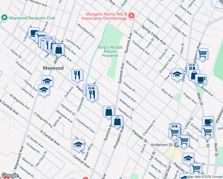 map of restaurants, bars, coffee shops, grocery stores, and more near 434 West Anderson Street in Hackensack