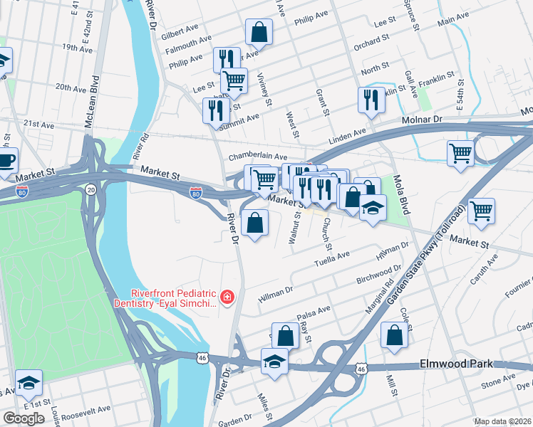 map of restaurants, bars, coffee shops, grocery stores, and more near 182 Market Street in Elmwood Park