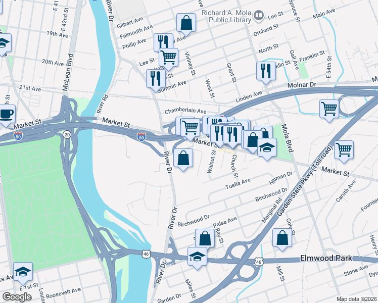 map of restaurants, bars, coffee shops, grocery stores, and more near 182 Market Street in Elmwood Park