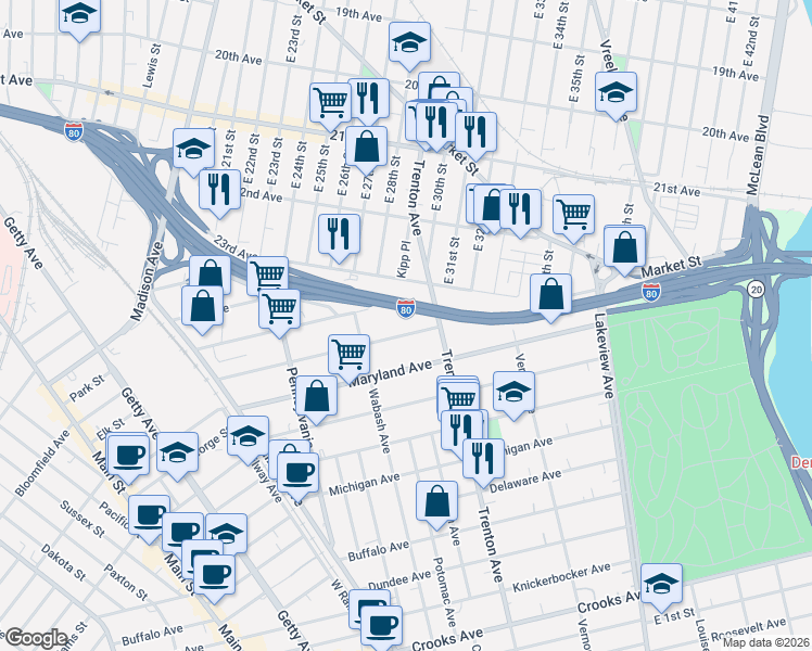 map of restaurants, bars, coffee shops, grocery stores, and more near 159 Alabama Avenue in Paterson