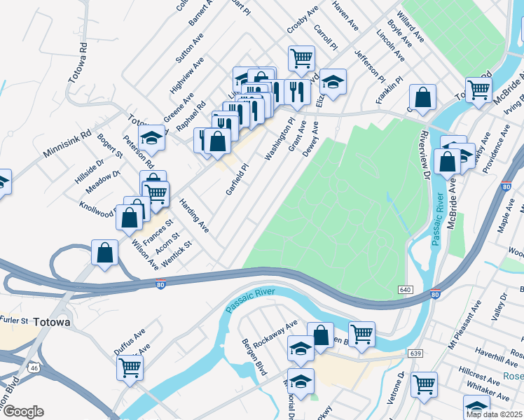 map of restaurants, bars, coffee shops, grocery stores, and more near 171 Dewey Avenue in Totowa