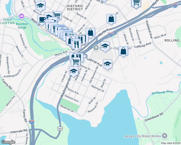 map of restaurants, bars, coffee shops, grocery stores, and more near 317 Monroe Street in Boonton