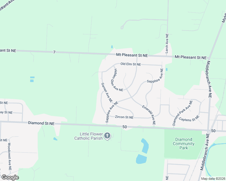 map of restaurants, bars, coffee shops, grocery stores, and more near 8185 Hidden Glen Avenue Northeast in Canton