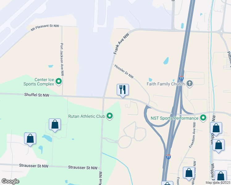 map of restaurants, bars, coffee shops, grocery stores, and more near 6200 Frank Avenue Northwest in North Canton