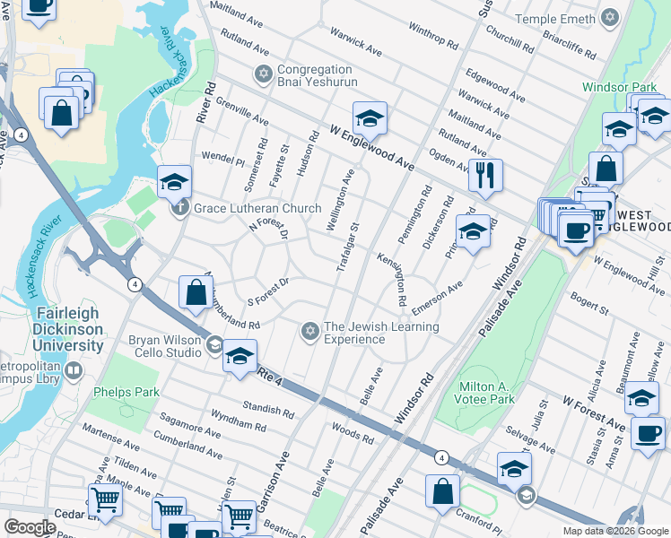 map of restaurants, bars, coffee shops, grocery stores, and more near 484 Sunderland Road in Teaneck