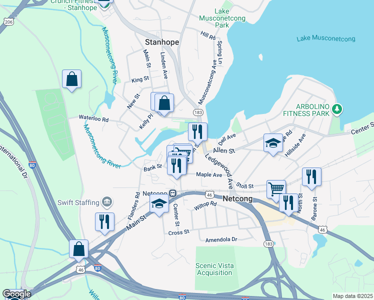 map of restaurants, bars, coffee shops, grocery stores, and more near 17 Main Street in Netcong