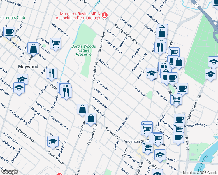 map of restaurants, bars, coffee shops, grocery stores, and more near 304 Clinton Place in Hackensack