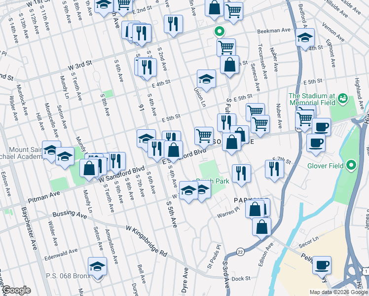 map of restaurants, bars, coffee shops, grocery stores, and more near 449 South Third Avenue in Mount Vernon