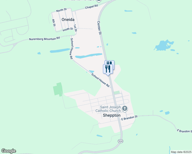 map of restaurants, bars, coffee shops, grocery stores, and more near School House Road in Sheppton