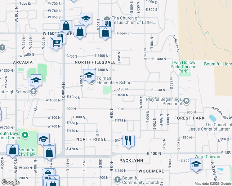 map of restaurants, bars, coffee shops, grocery stores, and more near 427 East 1050 North in Bountiful