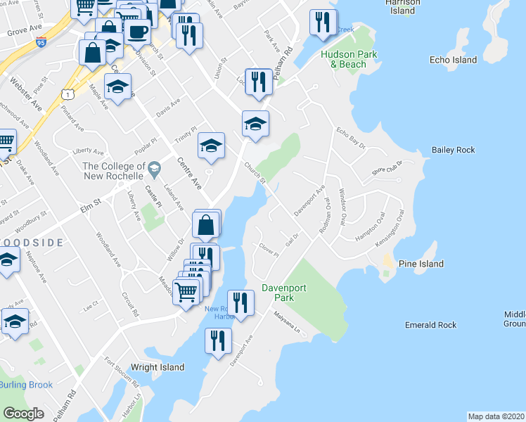 map of restaurants, bars, coffee shops, grocery stores, and more near 3 Mill Pond Lane in New Rochelle