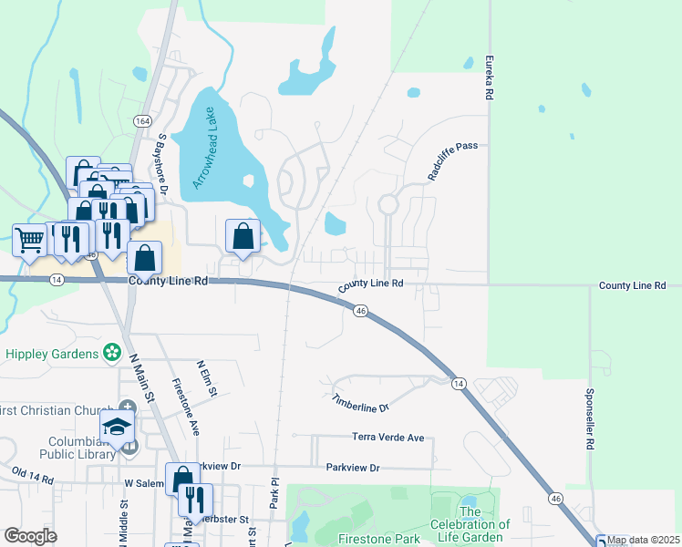 map of restaurants, bars, coffee shops, grocery stores, and more near 117 Village Court in Columbiana
