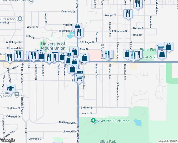 map of restaurants, bars, coffee shops, grocery stores, and more near 138 East Mill Street in Alliance