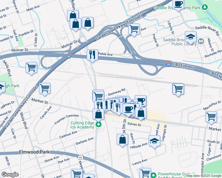 map of restaurants, bars, coffee shops, grocery stores, and more near 400 Lyster Avenue in Saddle Brook