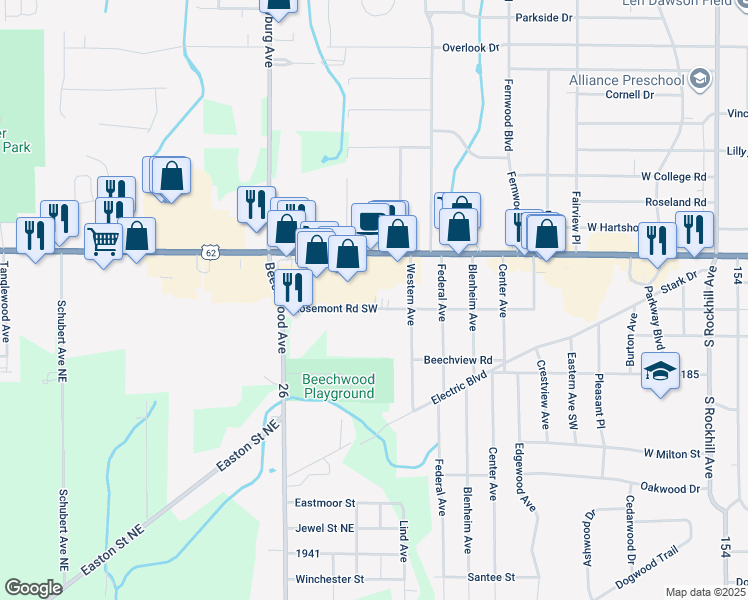 map of restaurants, bars, coffee shops, grocery stores, and more near 1675 Rosemont Road Southwest in Alliance