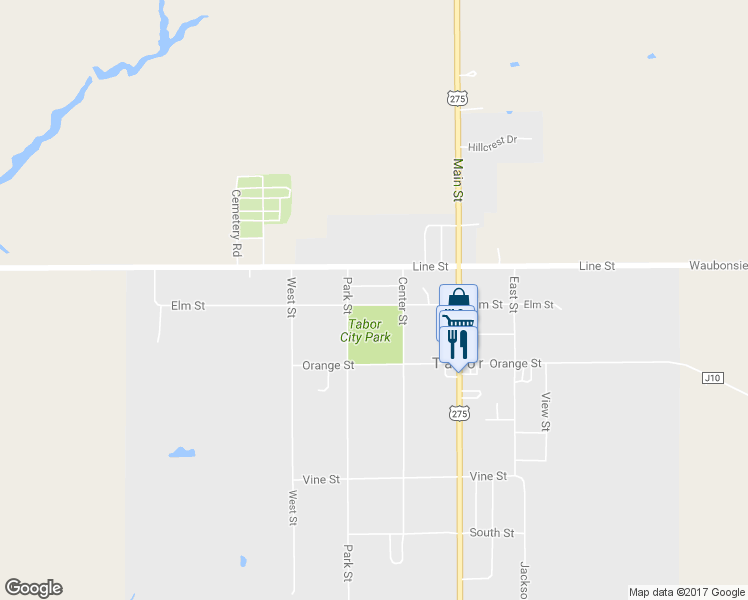 map of restaurants, bars, coffee shops, grocery stores, and more near 307 Elm Street in Tabor