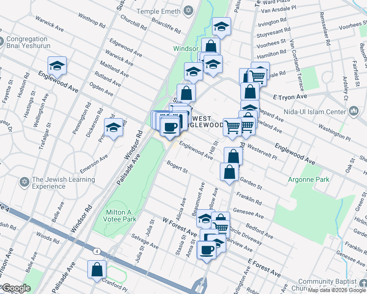 map of restaurants, bars, coffee shops, grocery stores, and more near 1361 Queen Anne Road in Teaneck