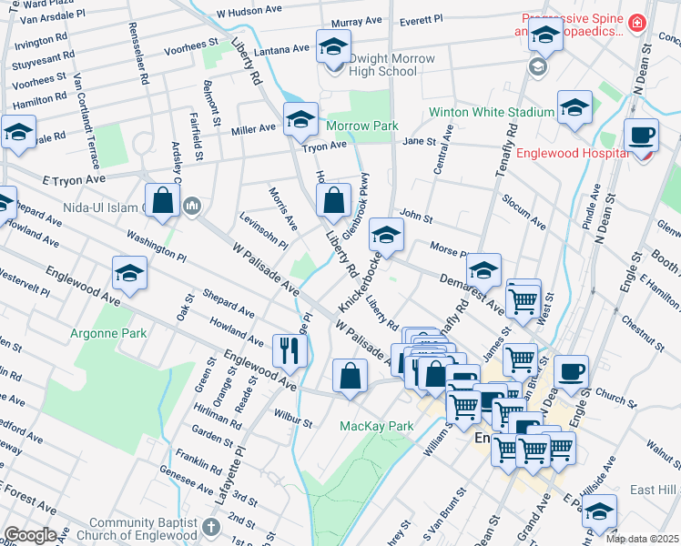 map of restaurants, bars, coffee shops, grocery stores, and more near 42 Cleveland Street in Englewood