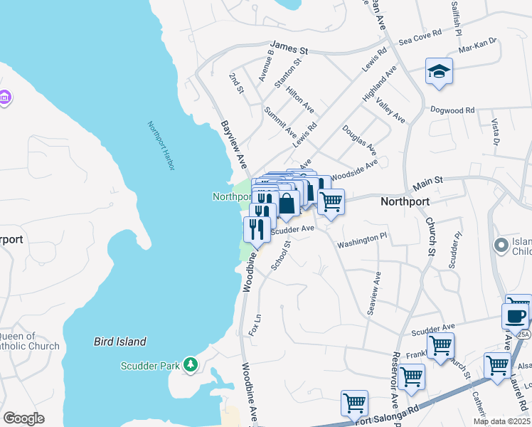 map of restaurants, bars, coffee shops, grocery stores, and more near 6 Bayview Avenue in Northport