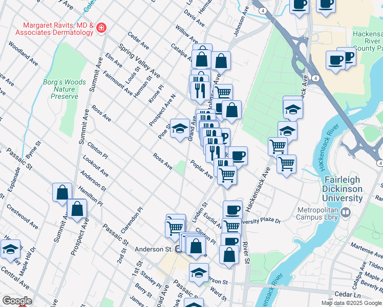 map of restaurants, bars, coffee shops, grocery stores, and more near 112 Grand Avenue in Hackensack