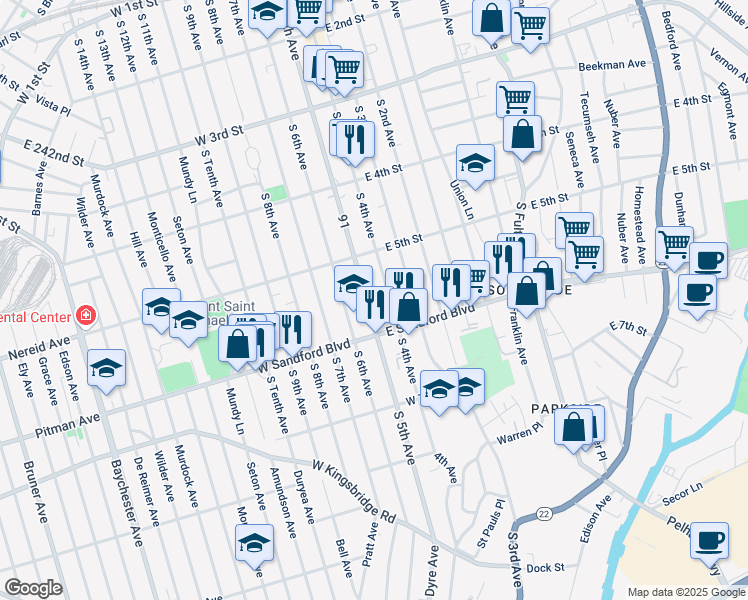 map of restaurants, bars, coffee shops, grocery stores, and more near 444 South 4th Avenue in Mount Vernon