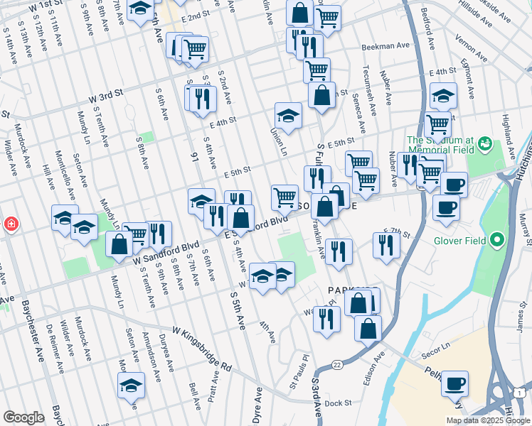map of restaurants, bars, coffee shops, grocery stores, and more near 464 South 1st Avenue in Mount Vernon