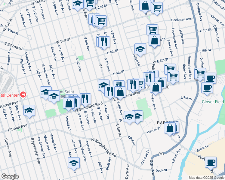 map of restaurants, bars, coffee shops, grocery stores, and more near 444 South 4th Avenue in Mount Vernon