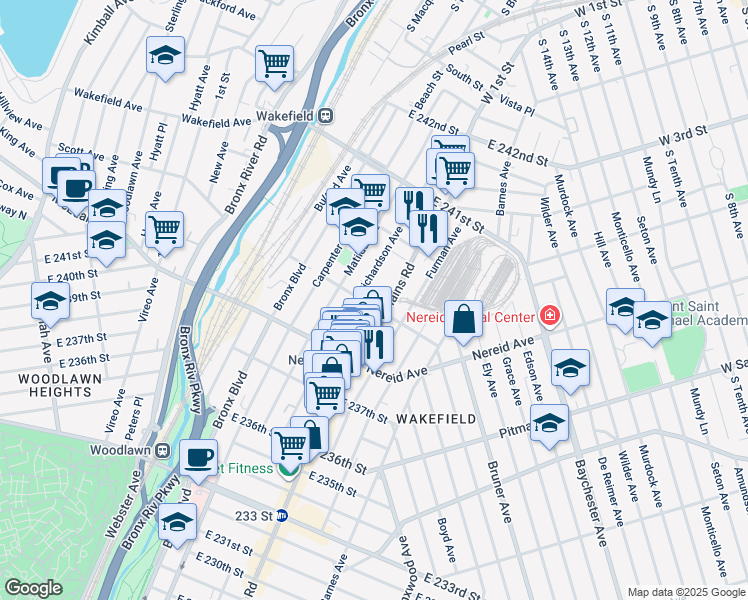 map of restaurants, bars, coffee shops, grocery stores, and more near 675 East 239th Street in Bronx