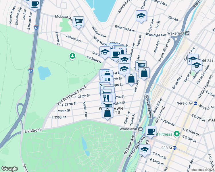 map of restaurants, bars, coffee shops, grocery stores, and more near 4350 Katonah Avenue in Bronx
