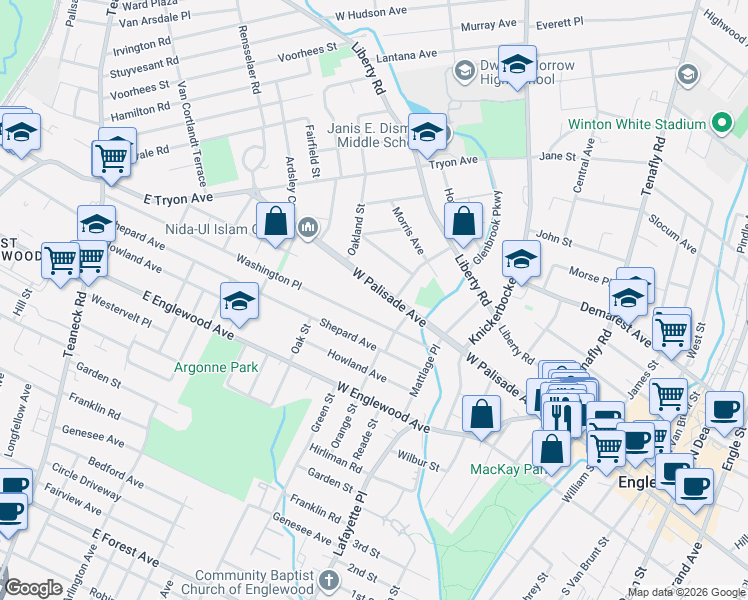 map of restaurants, bars, coffee shops, grocery stores, and more near 328 West Palisade Avenue in Englewood