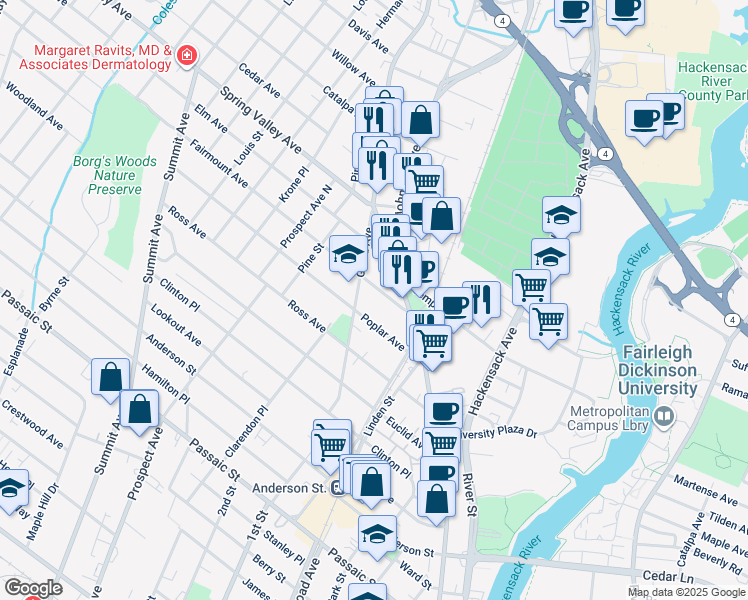 map of restaurants, bars, coffee shops, grocery stores, and more near 112 Grand Avenue in Hackensack