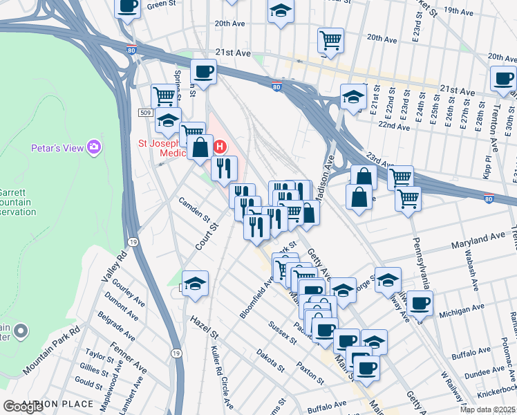 map of restaurants, bars, coffee shops, grocery stores, and more near 31 Hemlock Street in Paterson
