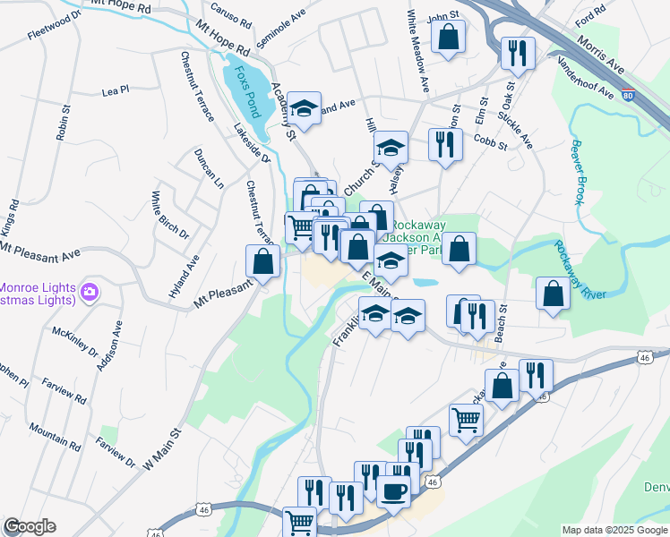 map of restaurants, bars, coffee shops, grocery stores, and more near 1 West Main Street in Rockaway