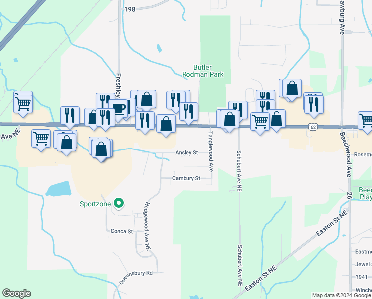 map of restaurants, bars, coffee shops, grocery stores, and more near 2341 Ansley Street in Alliance