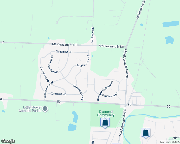 map of restaurants, bars, coffee shops, grocery stores, and more near 2598 Zircon Street Northeast in Canton