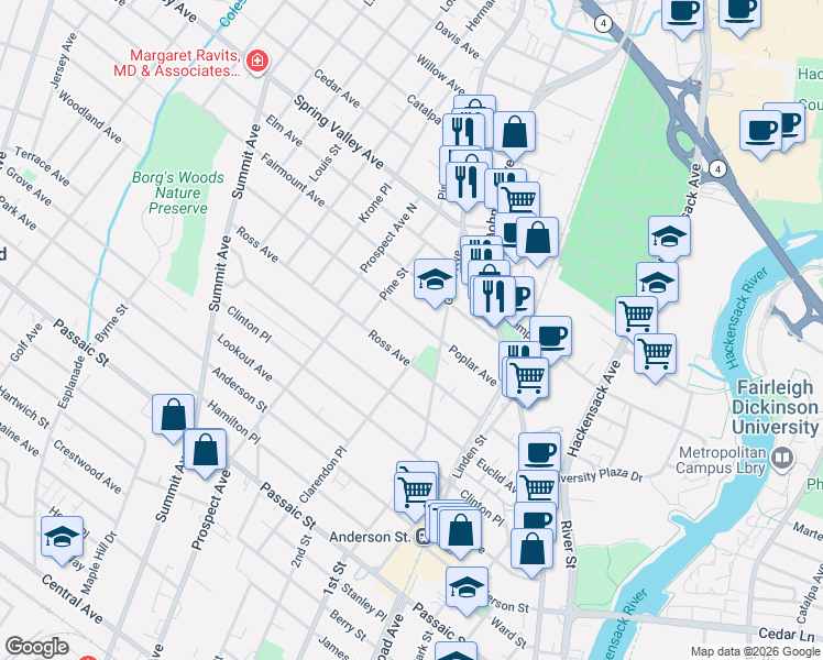 map of restaurants, bars, coffee shops, grocery stores, and more near 115 Poplar Avenue in Hackensack