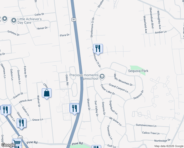 map of restaurants, bars, coffee shops, grocery stores, and more near 112 Sequoia Drive in Coram