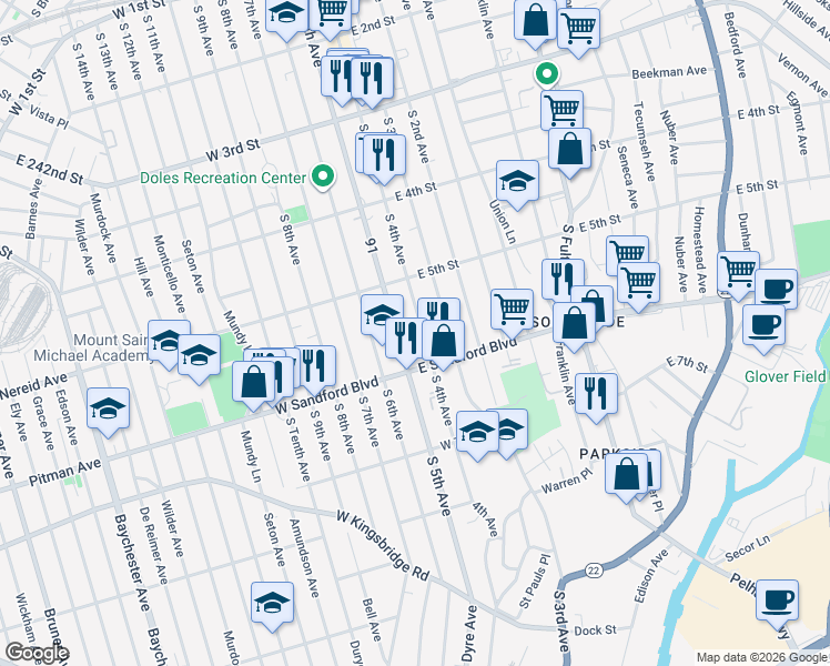 map of restaurants, bars, coffee shops, grocery stores, and more near 444 South 4th Avenue in Mount Vernon
