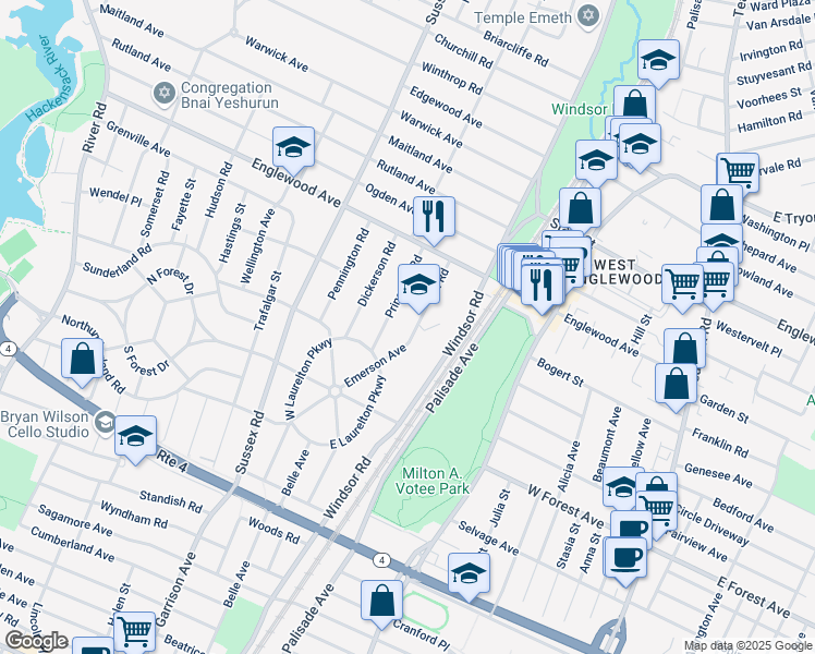 map of restaurants, bars, coffee shops, grocery stores, and more near 1296 Taft Road in Teaneck