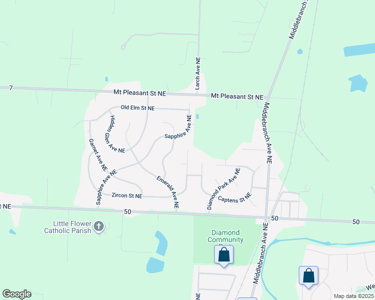 map of restaurants, bars, coffee shops, grocery stores, and more near 2598 Zircon Street Northeast in Canton