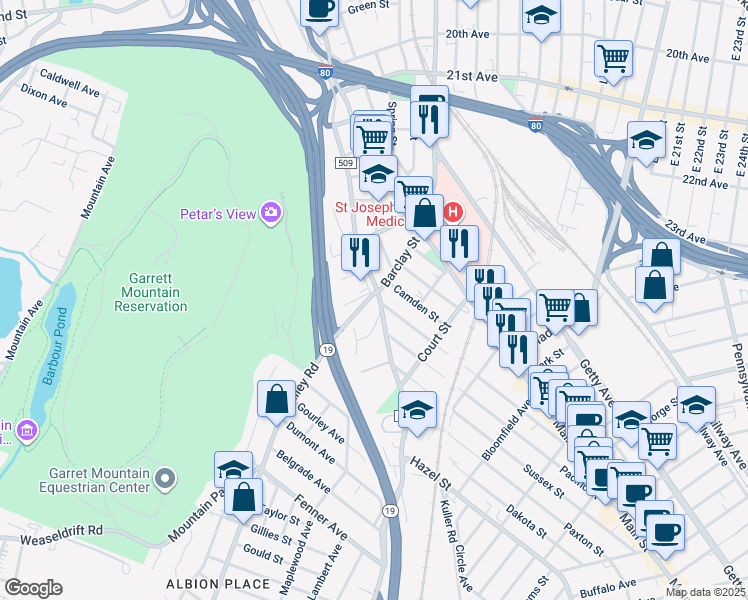 map of restaurants, bars, coffee shops, grocery stores, and more near 56 Canal Street in Paterson