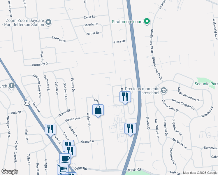 map of restaurants, bars, coffee shops, grocery stores, and more near 22 Kiowa Court in Coram