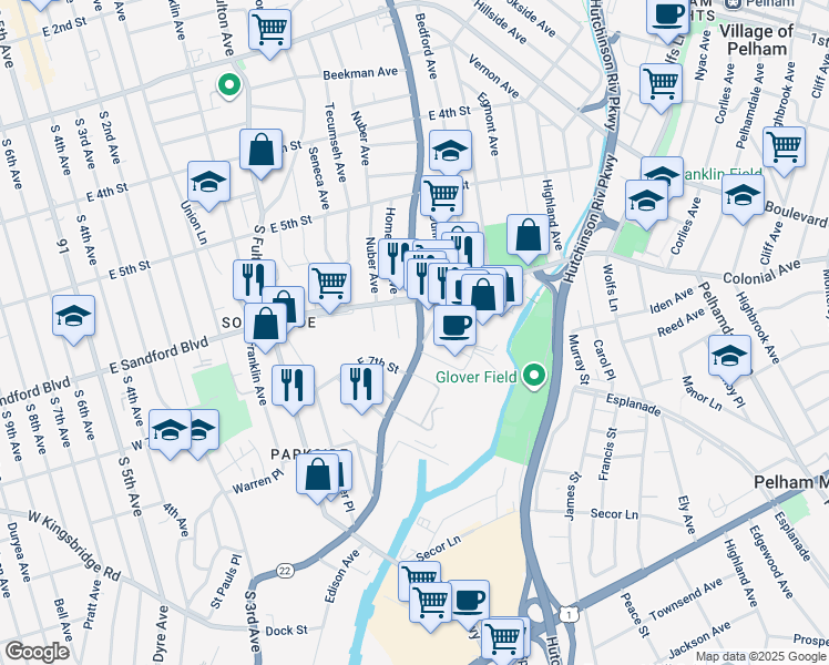 map of restaurants, bars, coffee shops, grocery stores, and more near 524 South Columbus Avenue in Mount Vernon