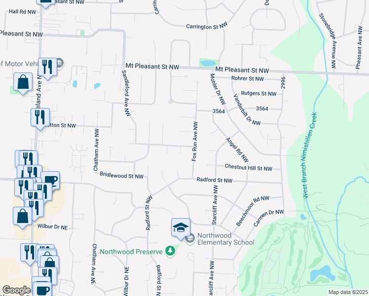 map of restaurants, bars, coffee shops, grocery stores, and more near 7768 Waterbury Street Northwest in North Canton