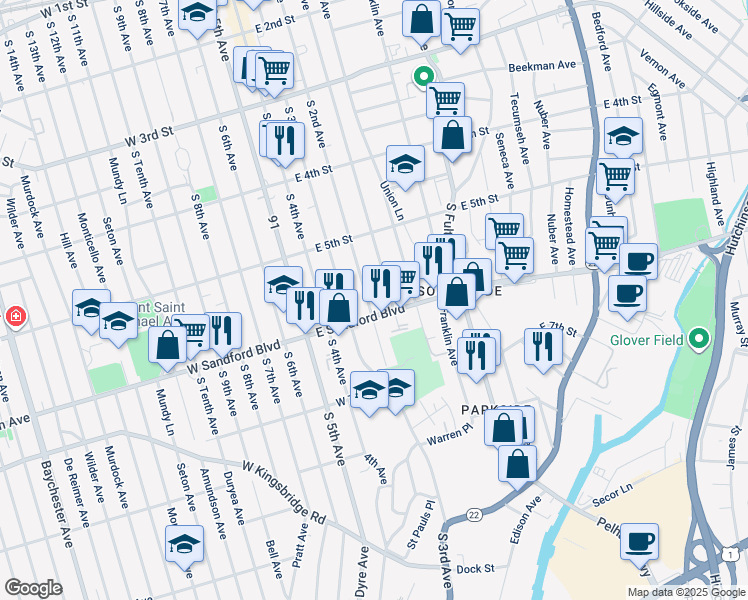 map of restaurants, bars, coffee shops, grocery stores, and more near 464 South 1st Avenue in Mount Vernon
