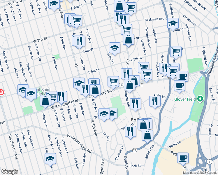 map of restaurants, bars, coffee shops, grocery stores, and more near 464 South 1st Avenue in Mount Vernon